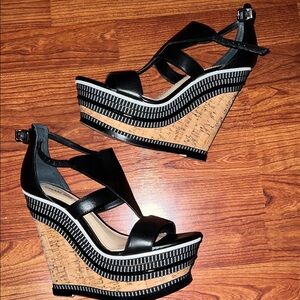 Gianni Bini Black Leather Cork Wedge Sandals